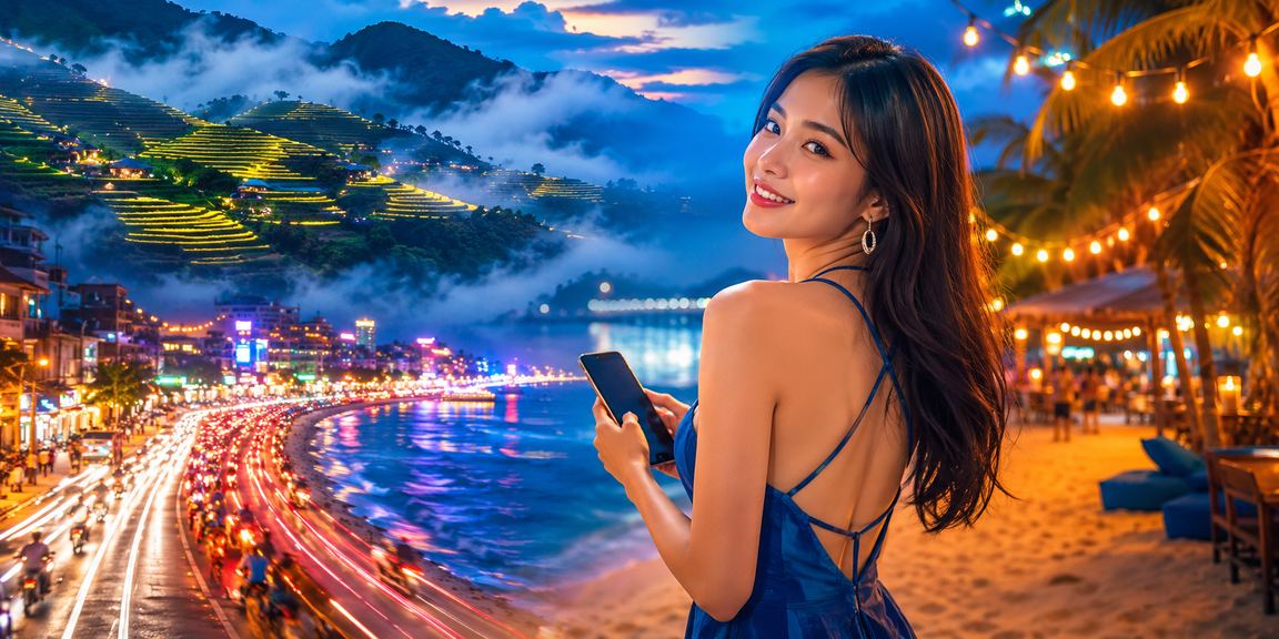 Người dùng xem phân tích kèo trên điện thoại tại Sa Pa về đêm dưới ánh đèn neon